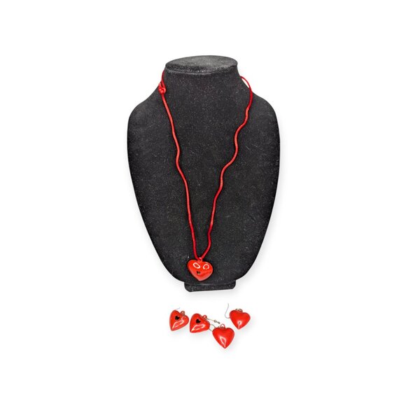 Valentine's Day Heart Bell Necklace & 2 Pairs of Red Heart Bell Earrings - Picture 2 of 7
